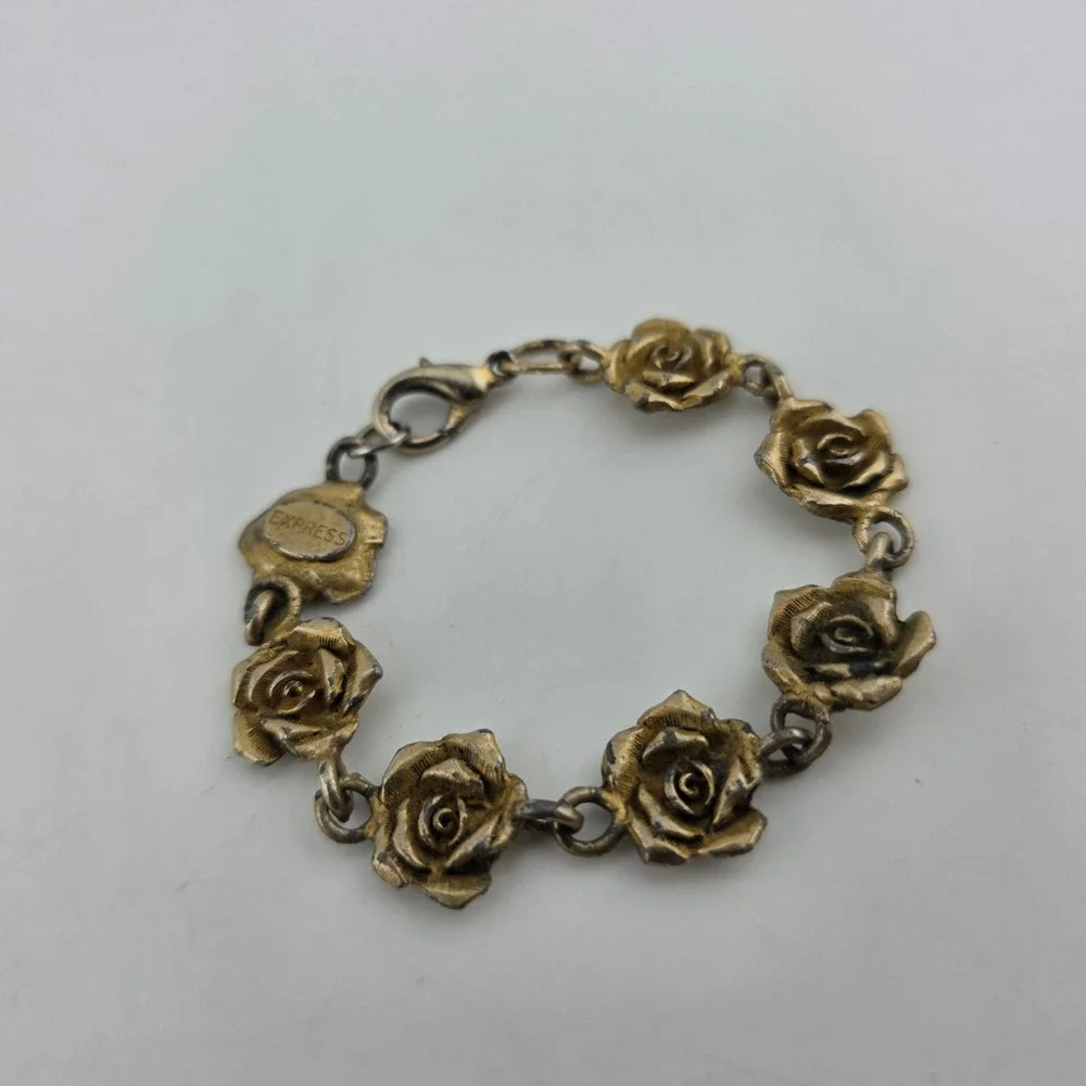Express Rose Floral Link Kids Bracelet Antique Style Gold Tone FAIR Cottagecore